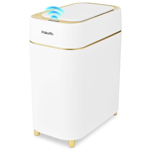Pukomc 2.3 Gallon / 9L Automatic Adsorption Sensor Trash Can, White Gold Motion Sensor Garbage Bin with Suction, Slim Fashionable Design for Kitchen, Bathroom, Office & Small Space
