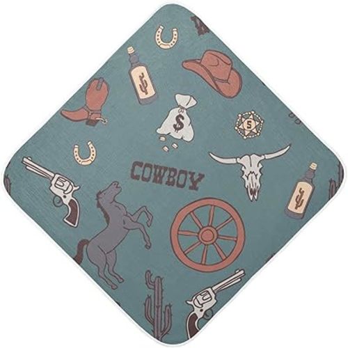 Caikeny Cowboy Teal Blue Baby Towel Wild West Baby Hooded Towel Soft Cotton Bath Towels for Baby Newborns Hooded Towel for Boys Girls Infants Toddlers 35x35 Inch