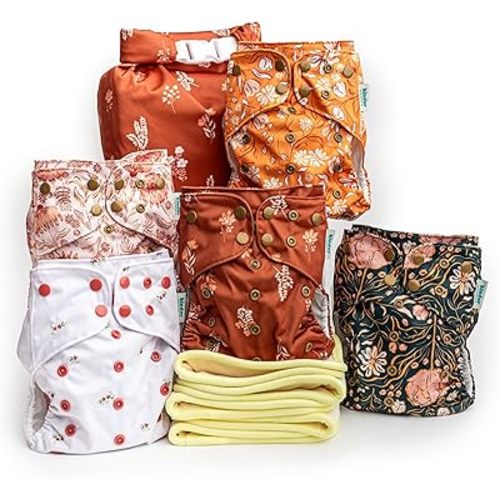 Kinder Cloth Diapers Set of 5 Reusable Baby Diapers Pocket Style Athletic Wicking Jersey, Bamboo Viscose Inserts, Wet Bag, Newborn to Potty Training 7-60lbs, One Size (Boho Floral)