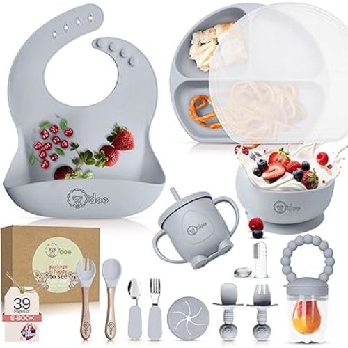 O'doe 17-Piece BPA-Free Silicone Baby Feeding Set | Thick & Soft Suction Plates, Baby Bowls, Wooden Fork & Spoon, and More | Make Mealtime Fun and Easy for Your Little One (Grey, V2)