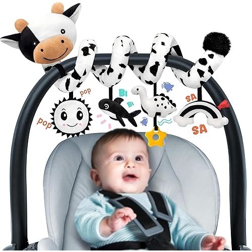Spiral Car Seat Baby Toys 0-6 6-12 Months, Infant Carseat Sensory Toys Hanging Stroller Accessories, Newborn Gifts for Baby Boys Girls Essentials, Cute High Contrast Cow
