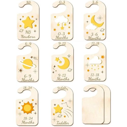 CRASPIRE 10Pcs Wood Baby Wardrobe Dividers Moon Star Sun Nursery Decor from Newborn to 36 Month Hanger Seperaters Baby Closet Organizers Nursery Infant Wardrobe Hangers Divider for Newborn Shower