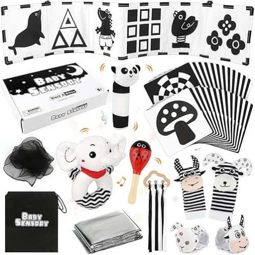 Dreamon 32 PCS Black and White High Contrast Baby Toys for Newborn - Baby Sensory Toys for 0-3 Months Brain Development - Infant Toys for 0-6 Months Baby Boy Girl Gifts - Montessori Tummy Time Toys