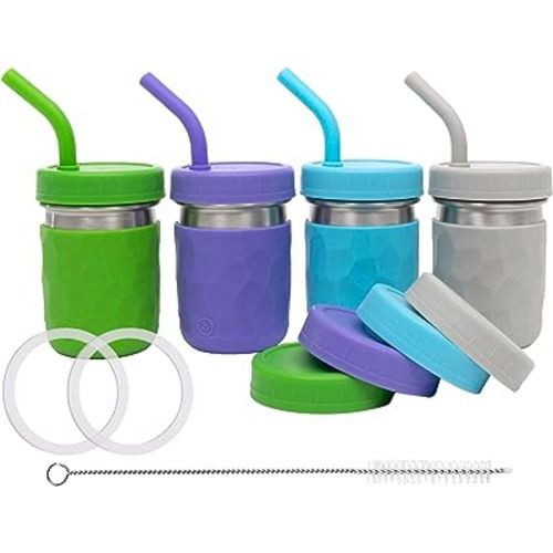 WeeSprout 2-in-1 Drinking Cups for Kids, Durable Stainless Steel Tumbler for Smoothies, Silicone Straws with Stoppers, Premium Plastic Twist Lids, Easy-Grip Sleeves, Set of 4 Dishwasher Safe Kid Cups