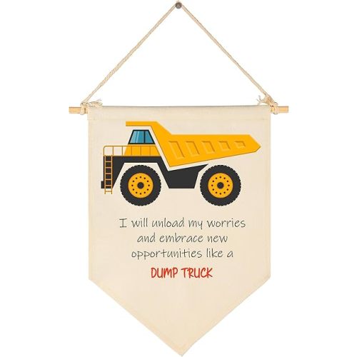 Transportation Construction Vehicle Wall Art-Positive Affirmations for Boys-Flag Decor Gifts for Baby Newborn Kids-Banner Wall Sign Gifts for Nursery Bedroom Playroom Front Door-Dump Truck