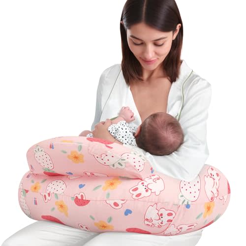 AMASKY Nursing Pillow for Breastfeeding, Animal Patterns Removable Cotton Cover, Machine Washable, Strawberry Pattern (Candy Pink), Pallet of Product