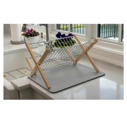 Magic Stone - Diatomaceous Earth Kitchen Mat and Bamboo Dish Rack – Super Absorbent Dish Drying Mats for Kitchen Counter, Durable & Quick Drying Mat (White)