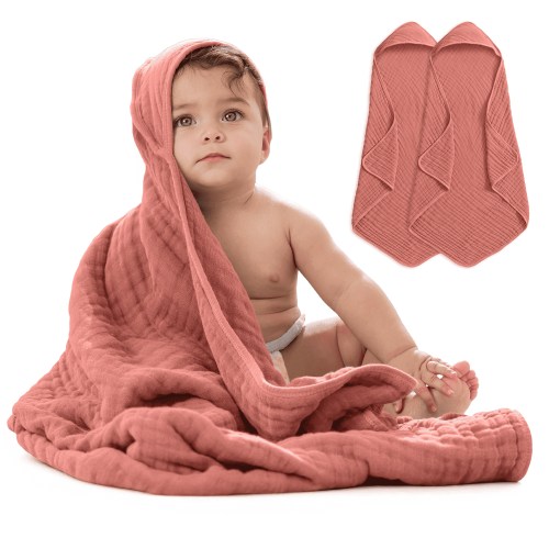 Comfy Cubs Hooded Baby Towels 2-Pack, Large 32" x 32" - 6 Layer, 100% Muslin Cotton, Dusty Rose
