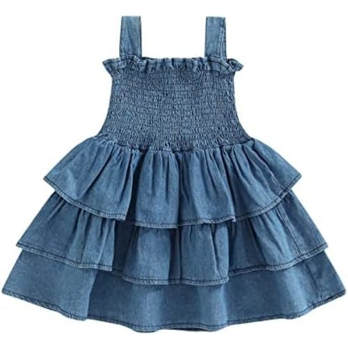 Toddler Girl Summer Sundresses Baby Denim Ruffle Dress Sleeveless Strap Pleated A-line Layered Cake Flowy Jean Dress
