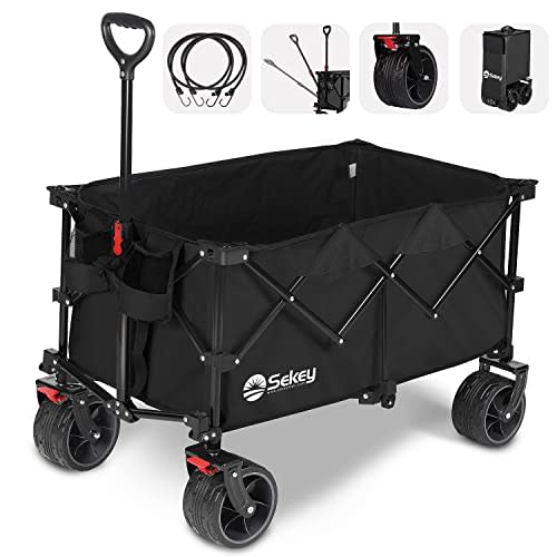 Sekey 220L Collapsible Foldable Wagon with 330lbs Weight Capacity, Heavy Duty Folding Utility Garden Cart with Big All-Terrain Beach Wheels & Drink Holders. Black