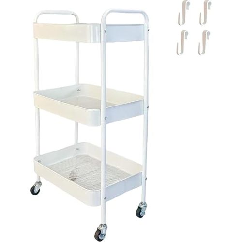 Metal 3 Tier Rolling Cart with Wheels for Kitchen Storage & Laundry Room Organization, Bedside Cart with Handle and 4 Hooks, Versatile Large Capacity Art & Craft Storage Organizer, White