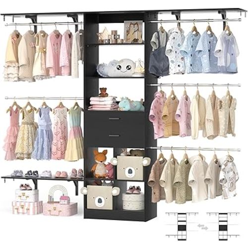 Closet System - 4.75-8FT Closet Organizer System with Wooden Drawers & Cube Storage Organizer, Up To 96" Closet Systems for Nursery & Walk-In Closets with Cuttable Hanging Shelvings, Black