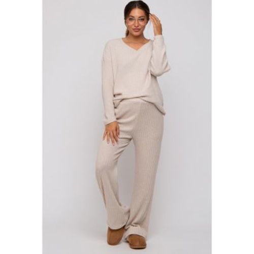 PinkBlush Beige Ribbed Soft Knit Long Sleeve Maternity Pajama Set Beige Medium