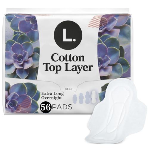 L. Extra Long Maxi Pads for Women, Overnight Absorbency, Organic Cotton Top Layer, Unscented Pads with Wings, 28 Count x 2 Packs (56 Count Total) (Packaging May Vary)