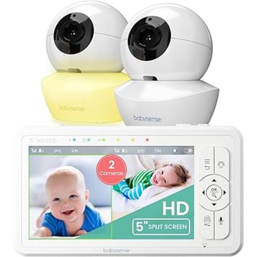 Babysense 5" HD Split-Screen Baby Monitor, Video Baby Monitor with 2 Cameras and Audio, Night Light, 1000ft Range, Two-Way Audio, 4X Zoom, Night Vision, 4000mAh Battery