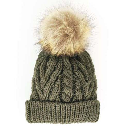 Cable Knit Fur Pom Hat, Loden