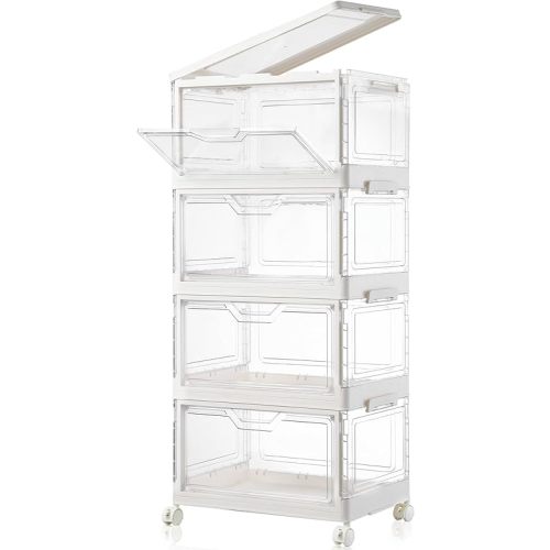 Collapsible Plastic Storage Bins with WheelsClear Stackable Storage Bins with Lids Stackable Storage Bins with Open Door Folding Storage Bins Organizer for Closet Bedroom Living Room