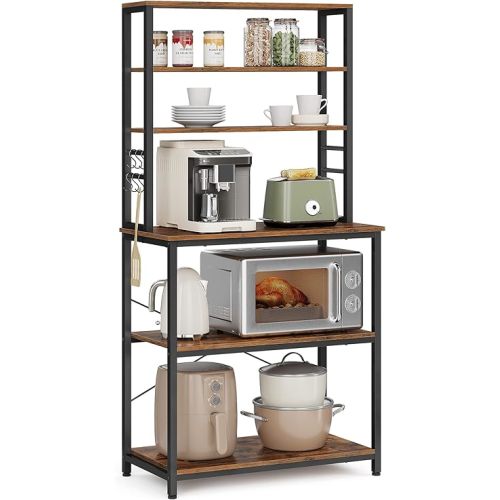 VASAGLE Coffee Bar, 31.5 Inches Baker's Rack for Kitchen with Storage, 6-Tier Kitchen Shelves with 6 Hooks, Microwave Stand, Industrial, Rustic Brown and Black UKKS019B01