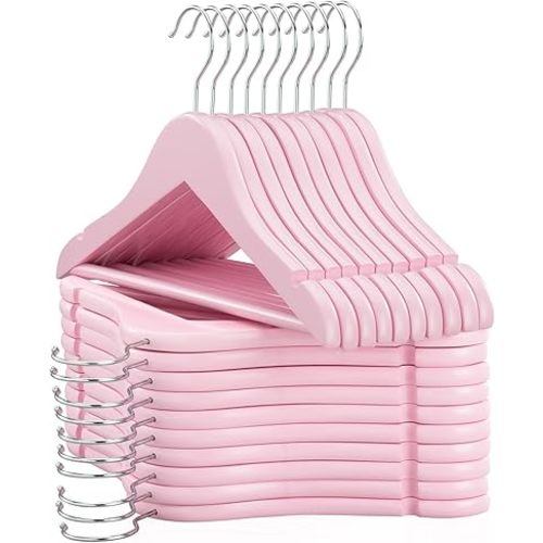 FairyHaus Kids Wooden Hangers 20Pack Pink, 12.8 Inch Baby Wooden Hangers for Closet, Anti-Rust 360° Swivel Hook, Notches & Smooth Finish, Natural Solid Wood Childrens Hangers for Clothes