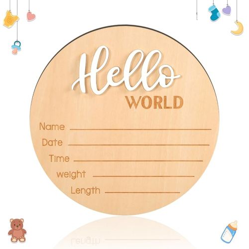 Wooden Hello World Newborn Sign - 5.9 Inch Birth Announcement Plaque for Photo Props, Baby Shower, Hospital Nursery