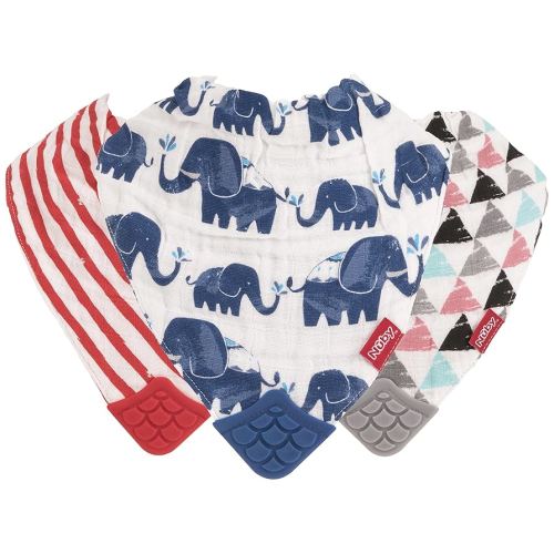 Nuby Reversible 100% Natural Cotton Muslin 3 Piece Teething Bib, Grey/Red/Blue, Arrows/Red Stripes/Elephants