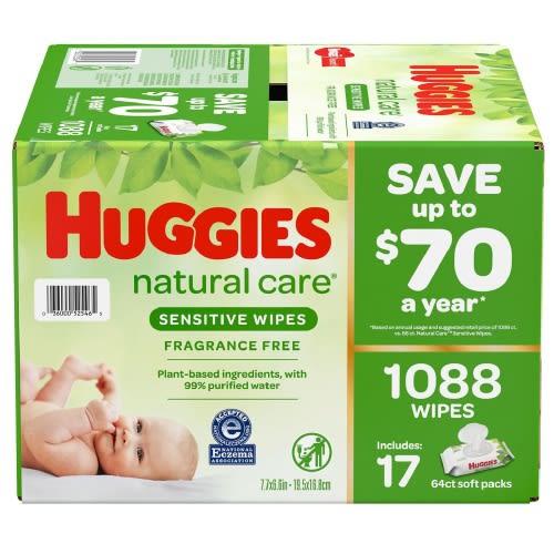 Huggies Natural Care Sensitive Skin Baby Wipes, Free From Fragrance - Refill Pack (1,088 Count)