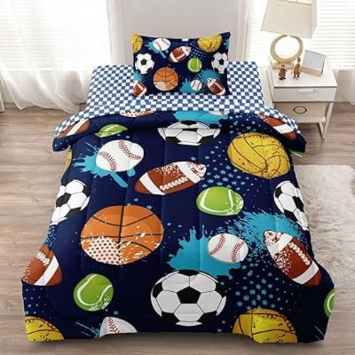 Kids Boys Comforter Set Twin Bed in a Bag w/Sheet Sets, Blue Twin Bedding Sets for Teens Soccer Basketball Baseball Football Sports Themed Bedroom Decor Reversible Design