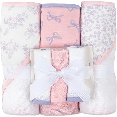 Jessica Simpson 6 Piece Printed Hooded Bath Towel and Washcloth Set for Infant, Newborns and Toddlers 3 – 24 Months for Bath Time, Showers, Lounge, Beach and Pool