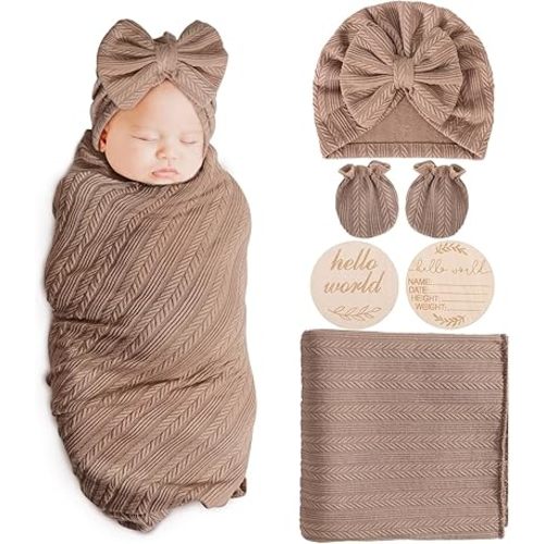Newborn Receiving Blanket with Bow Hat Mittens Wooden Card Set Wheat-Pattern Newborns Toddler Baby Boy Girl Nursery Swaddle Wrap