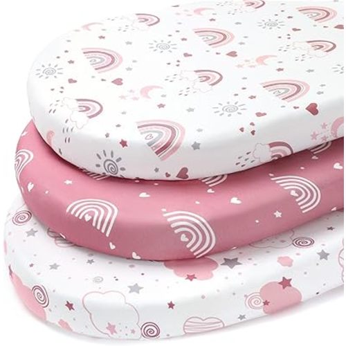 Baby Bassinet Sheets Girl Boy, 3 Pack Fitted Bassinet Mattress Sheets, 32”x16” Universal Fit for Cradle Moses Basket Oval Rectangle Round Hourglass Mattress, Super Soft Pink Rainbow