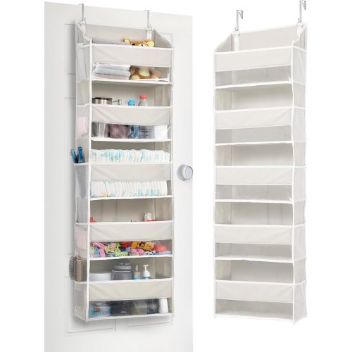 ULG 1-Pack Over Door Organizer with 5 Large Pockets 10 Mesh Side Pockets, 44 lbs Weight Capacity Hanging Storage Organizer with Clear Window for Bedroom Bathroom Kitchen, RV, Camper, Beige