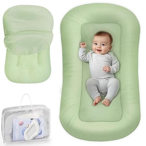 Baby Lounger - Baby Lounger for Newborn, 0-24 Months, Infant Lounger for Home and Travel, Soft Cotton, Baby Nest Lounger, Newborn Babies Essentials Gifts, Green (Lounger Cover Included)