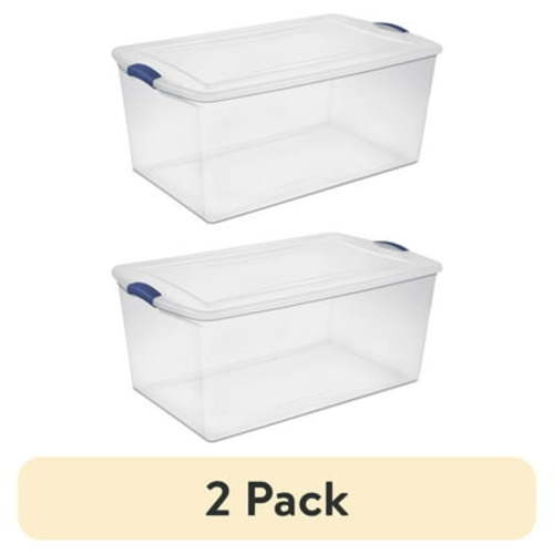 (2 pack) Sterilite 105 Quart Latch Box, Clear Plastic Storage Bin with Clear Lid, Blue