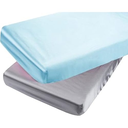 Satin Pack n Play Sheet Set 2 Pack Ultra Soft Silk Fitted Mini Crib Sheets Playard Sheet Protect for Baby Hair and Skin, Grey & Lt Blue