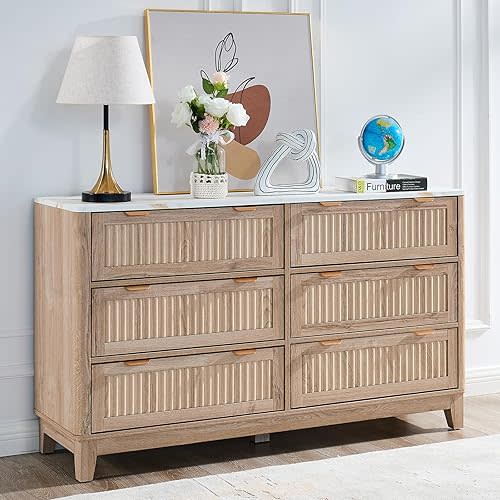 6 Drawers Dresser for Bedroom, 54" Large Storage Dresser, Farmhouse Wood Dressers with Faux Marble Top, Modern Dressers & Chests of Drawers for Living Room Entryway, Fluted Curved Profile, Natural Oak
