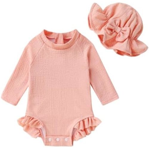 YOUNGER TREE Infant Baby Girls Swimsuit Long Sleeve Swimsuits One Piece Swimsuit Solid Color Bathing Suit with Hat, UPF 50+