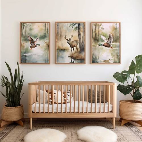 Watercolor duck & deer nursery wall decor | duck hunting nursery prints | Deer nursery Prints | Set of 3 prints | Boy Hunting Nursery Decor