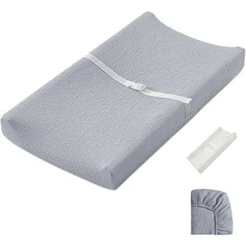 Blissful Diary Muslin Baby Changing Pad with Waterproof Lining Foam, Diaper Changing Table Pad with Cover for Dressers (Gray, Rectangular)