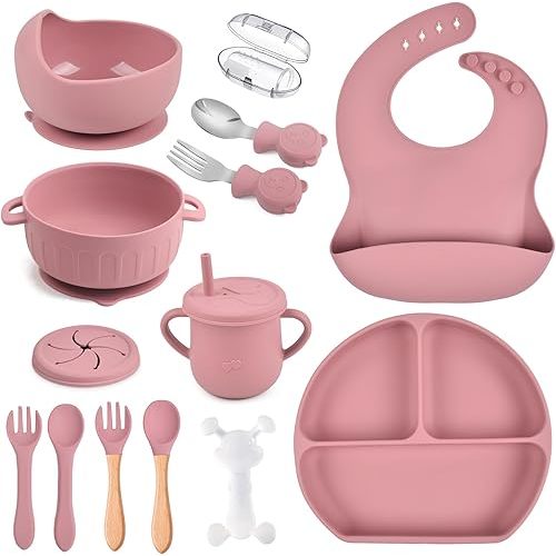 Baby Feeding Silicone Tableware, 15 Pieces Toddler Silicone Tableware Set, Plate and Bowl/Bib/Training Cup/Finger Toothbrush/Fork and Spoon/baby plates and utensils set(pink)