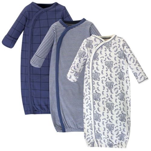 Touched By Nature Baby Organic Cotton Side-closure Snap Long-sleeve Gowns 3pk, Elephant, 0-6 Months