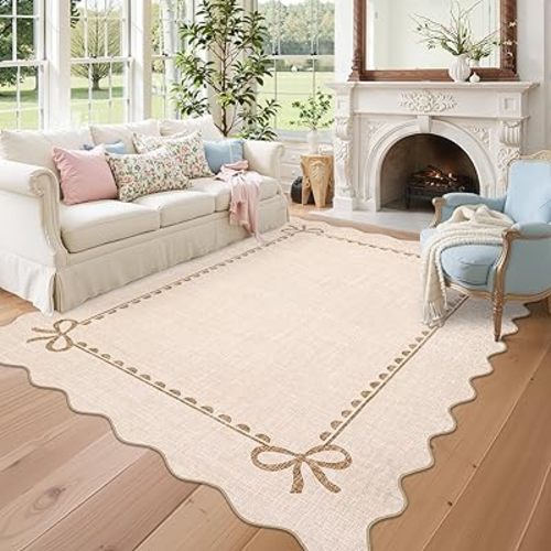 GarveeHome Scalloped Bow Rug for Living Room, Solid Beige Rug for Dorm, Washable Rugs 5x7 Soft Low Pile Non Slip Scalloped Rugs for Nursery College Bedroom Decor Kids Room Playroom