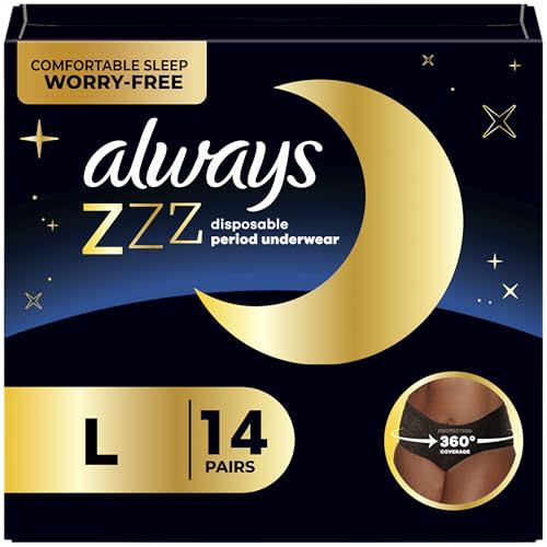 Always ZZZ Overnight Disposable Period Underwear for Women, Large, 360° Coverage for Worry-Free Nights, 14 Count (2 Packs of 7)