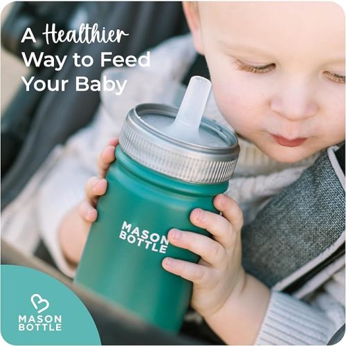 Mason Bottle Stainless Steel Straw Cup, Light-Weight, Single-Wall - Includes 1 Stainless Steel Mason Jar, 1 Ring & Cap, 1 Straw Top (Green)