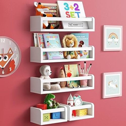 3+2 Floating Nursery Book Shelves for Wall Set of 3 Long & 2 Mini Shelves, Wall Bookshelf for Kids, Toys & Books Display, Nursery Decor Storage, Book Shelf for Kids Rooms (5-in-1 White)