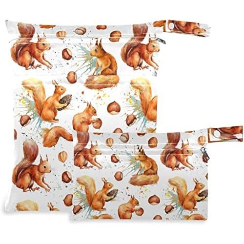 visesunny Cute Squirrel Hazelnut 2Pcs Diaper Changing Totes Wet Bags with Zippered Pockets Washable Reusable Roomy Cloth Diaper for Travel,Beach,Daycare,Stroller,Dirty Gym Clothes,Wet Swimsuits,Toilet