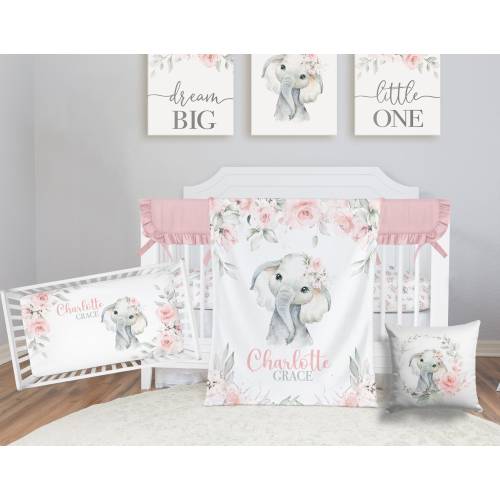 Blush Floral Elephant Crib Bedding Set, Personalized Baby Girl Blanket, Girl Safari Nursery -Elephant Nursery Set -Baby Girl Bedding Set 301