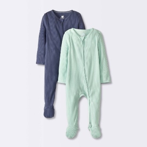 Baby 2pk Wide Ribbed Solid Sleep N' Play - Cloud Island™ Blue Newborn: Cotton Footed Pajamas, Two-Way Zipper