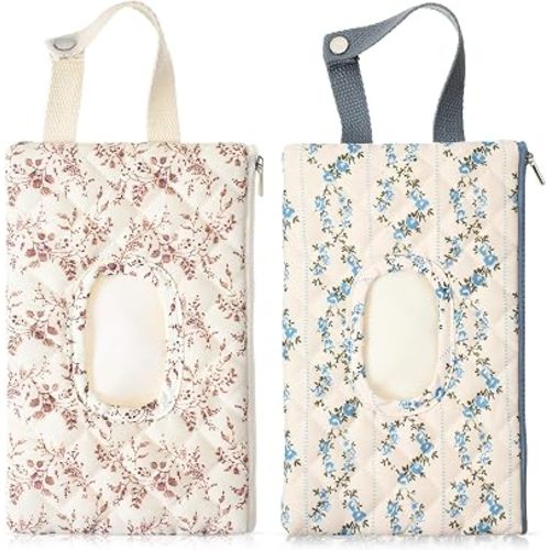 2 Pcs Quilted Diaper and Wipes Pouch Portable Hanging Floral Wet Wipe Bag Diaper Bag Reusable Wipes Pouch for for Stroller Car Travel Infant Diapering Organizer (Blue and Beige)