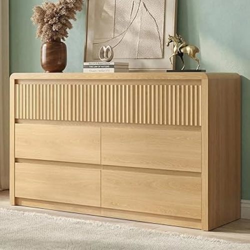 Fluted 7 Drawer Dresser for Bedroom, 50” Wide Dresser & Chest of Drawers with Curved Profile Design, Wood Mid Century Dressers for Bedroom, Living Room, Oak
