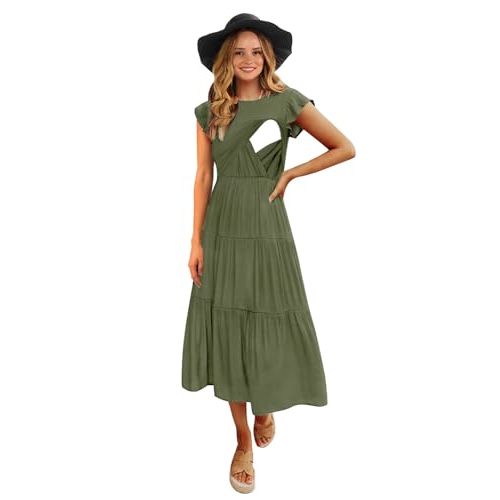 CzzzyL Womens Flutter Short Sleeve Smocked Tiered Nursing Dress for Breastfeeding